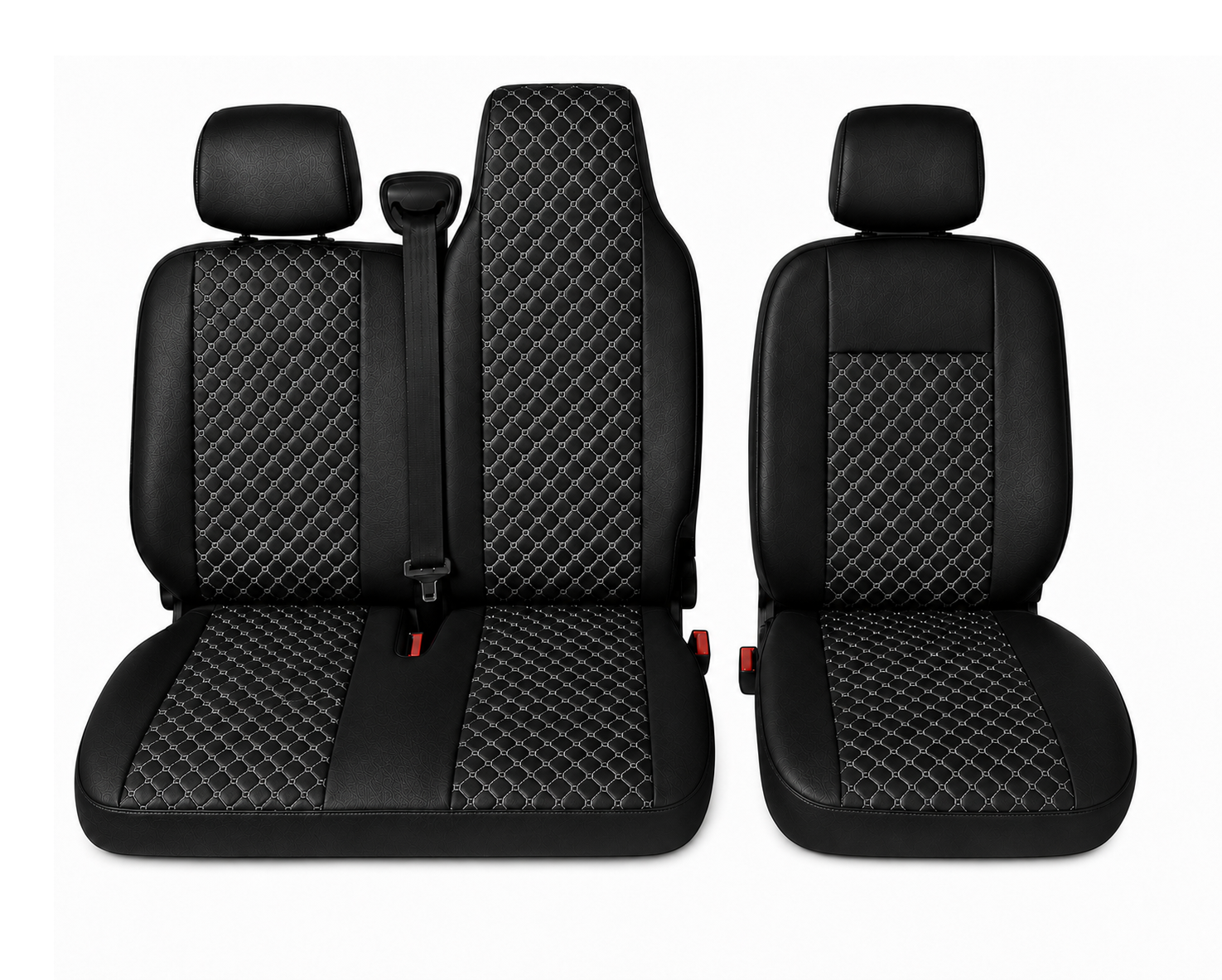 Комплект 2+1 Тапицерия за RENAULT MASTER III 2010-2019 – Еко кожа, Черна с бял шев, 6 части