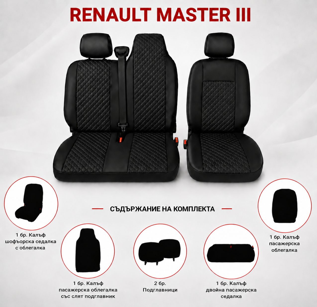 Комплект 2+1 Тапицерия за RENAULT MASTER III 2010-2019 – Еко кожа, Черна с черен шев, 6 части