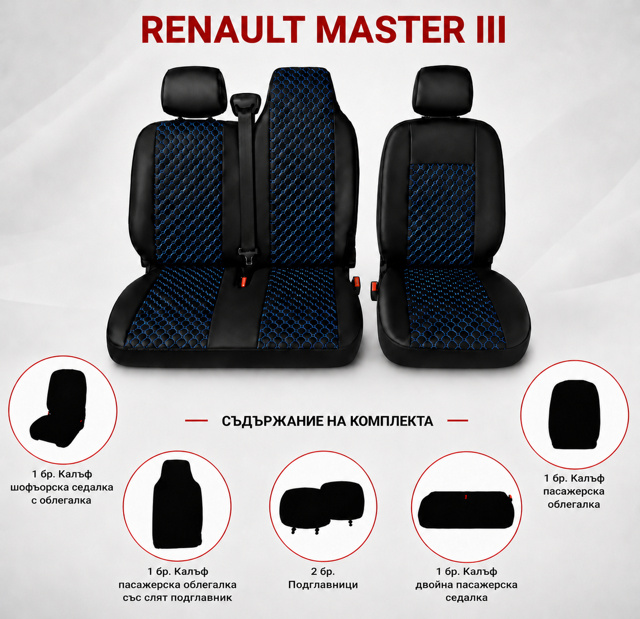 Комплект 2+1 Тапицерия за RENAULT MASTER III 2010-2019 – Еко кожа, Черна със син шев, 6 части