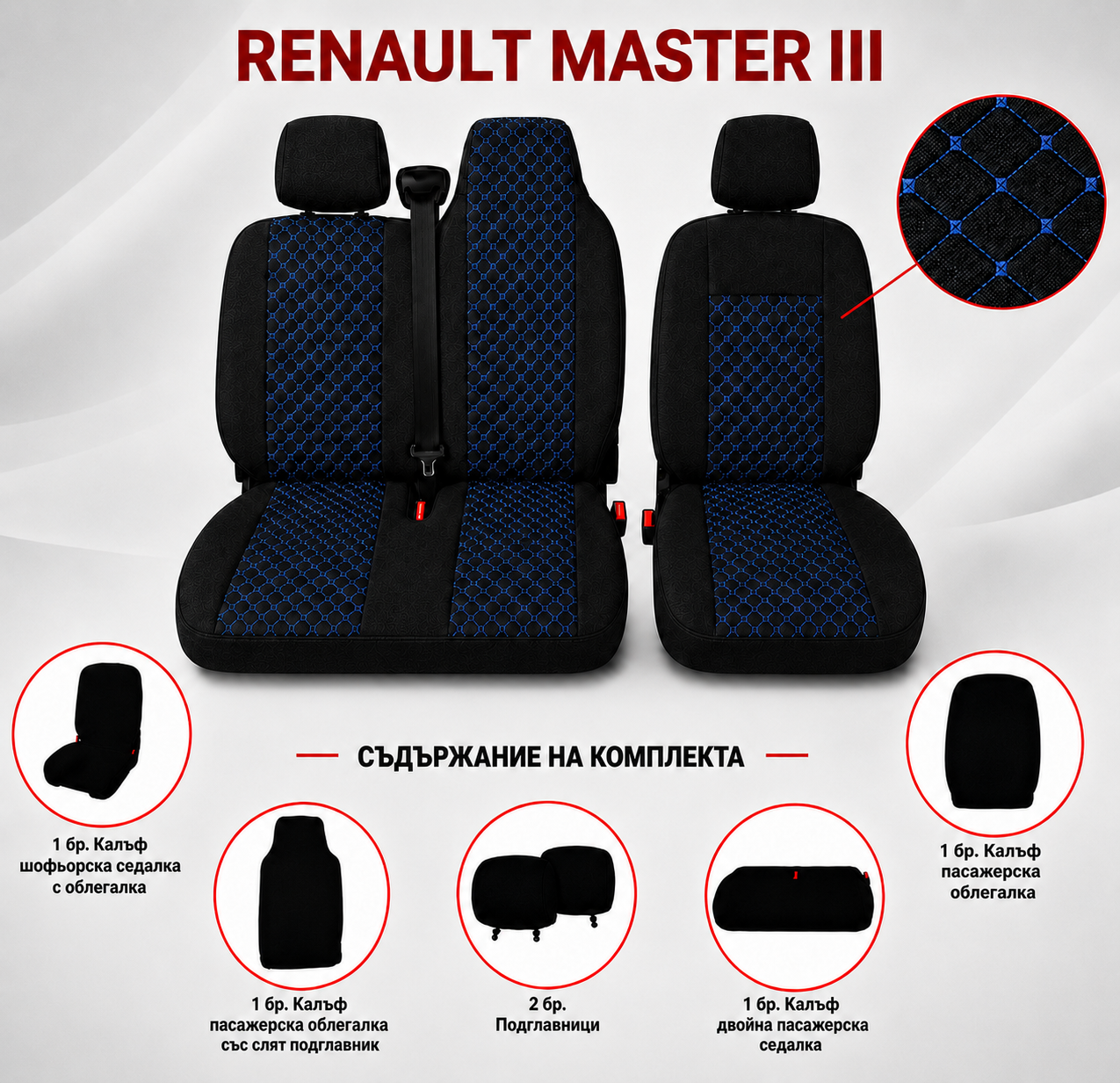 Комплект 2+1 Тапицерия за RENAULT MASTER III 2010-2019 – Текстил, Черна със син шев, 6 части