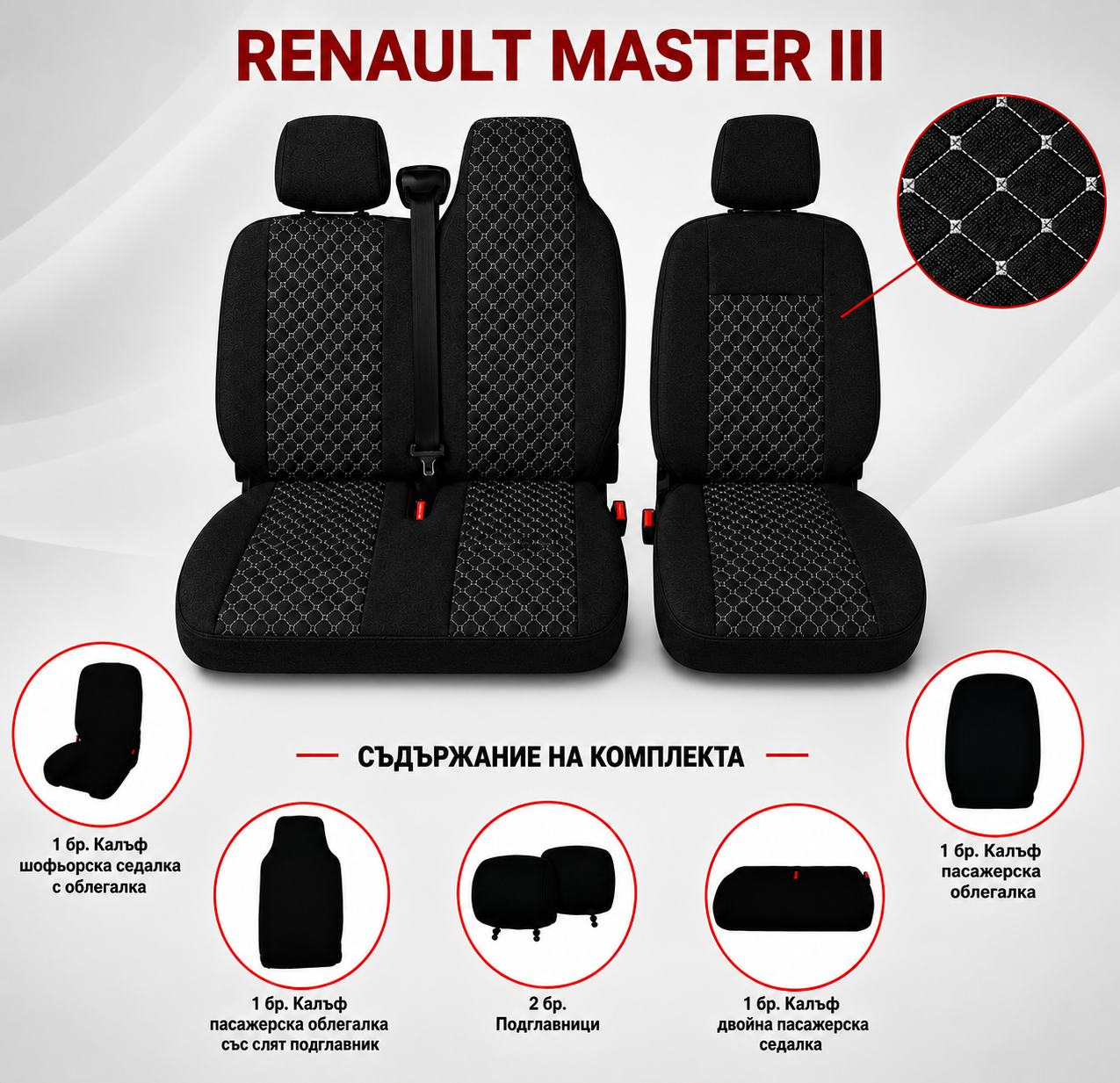 Комплект 2+1 Тапицерия за RENAULT MASTER III 2010-2019 – Текстил, Черна с бял шев, 6 части