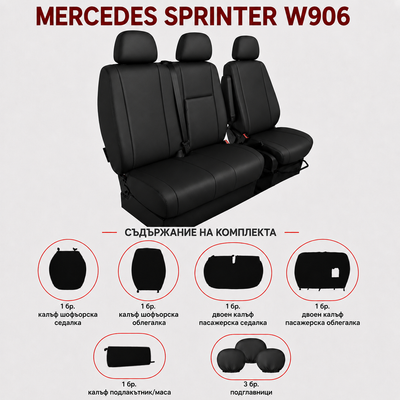 Комплект 2+1 Тапицерия за MERCEDES SPRINTER W906 2006-2018 – Еко кожа, Черна, 8 части