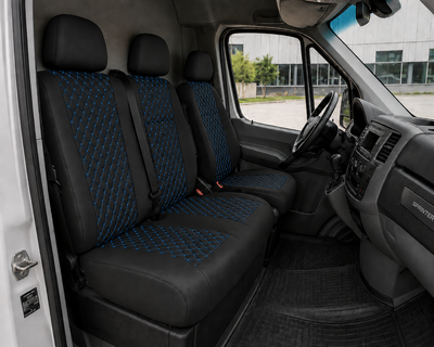 Комплект 2+1 Тапицерия за MERCEDES SPRINTER W906 2006-2018 – Еко кожа, Черна със син шев, 8 части