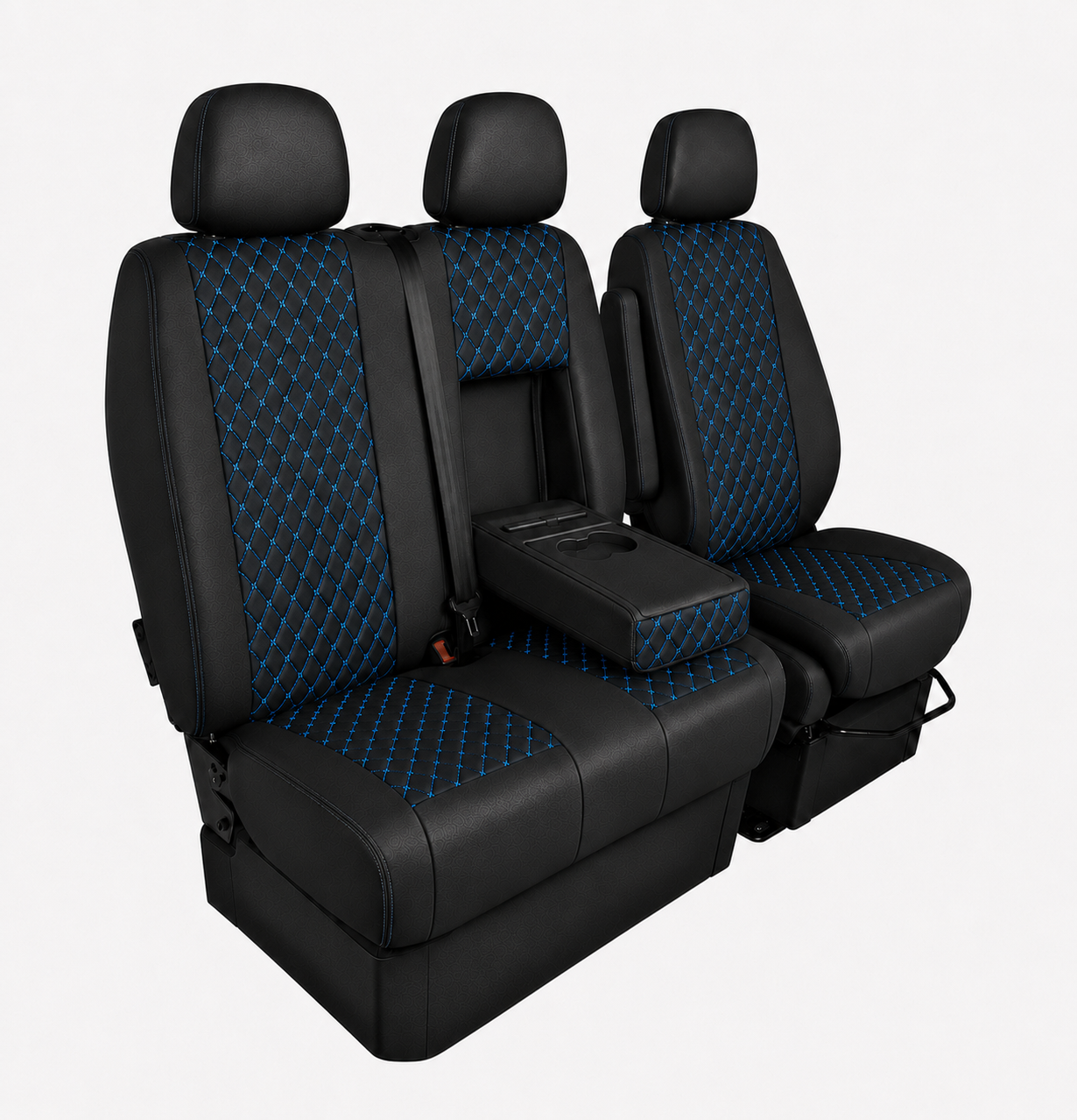 Комплект 2+1 Тапицерия за MERCEDES SPRINTER W906 2006-2018 – Еко кожа, Черна със син шев, 8 части