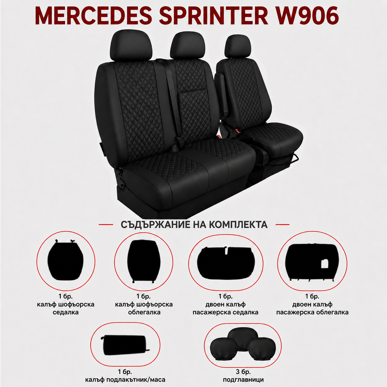 Комплект 2+1 Тапицерия за MERCEDES SPRINTER W906 2006-2018 – Еко кожа, Черна с черен шев, 8 части