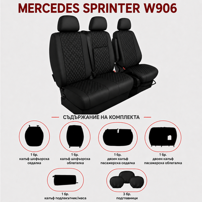 Комплект 2+1 Тапицерия за MERCEDES SPRINTER W906 2006-2018 – Еко кожа, Черна с черен шев, 8 части
