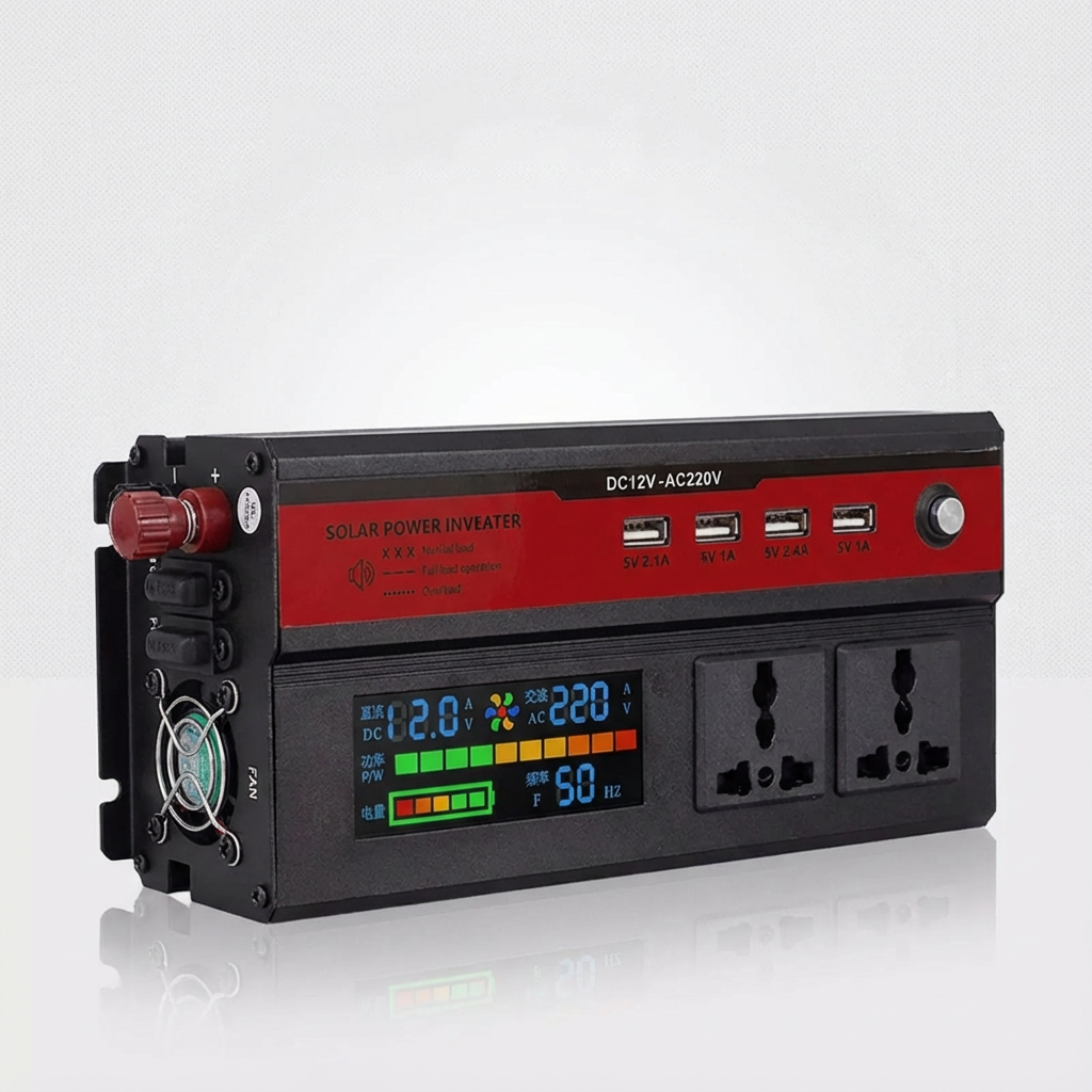 Инвертор 12V → 220V с цифров дисплей – до 1200W реална мощност (5000W пиковa) + 4 USB | Идеален за кола, кемпер и ток навсякъде