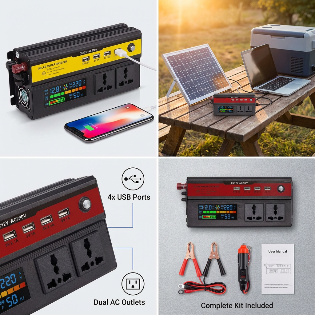Инвертор 12V → 220V с цифров дисплей – до 1200W реална мощност (5000W пиковa) + 4 USB | Идеален за кола, кемпер и ток навсякъде