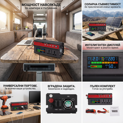 Инвертор 12V → 220V с цифров дисплей – до 1200W реална мощност (5000W пиковa) + 4 USB | Идеален за кола, кемпер и ток навсякъде