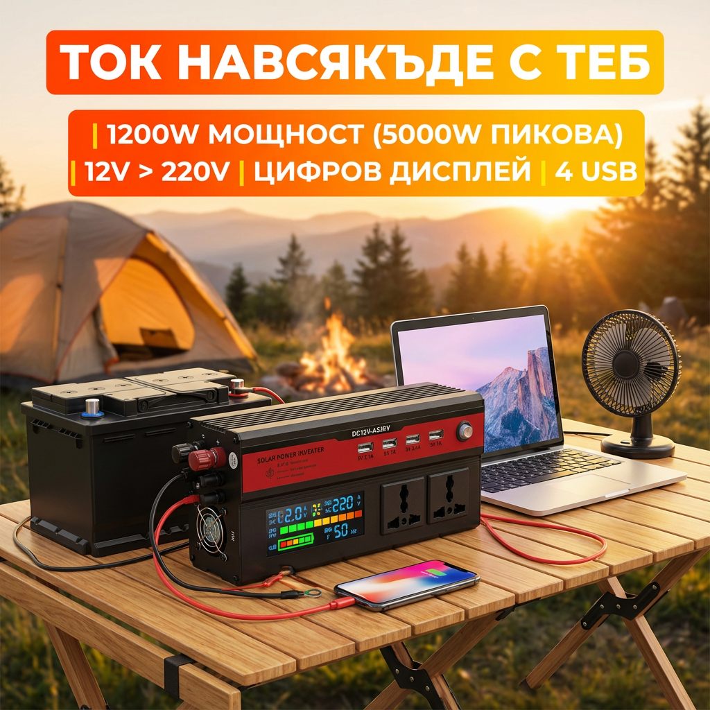 Инвертор 12V → 220V с цифров дисплей – до 1200W реална мощност (5000W пиковa) + 4 USB | Идеален за кола, кемпер и ток навсякъде
