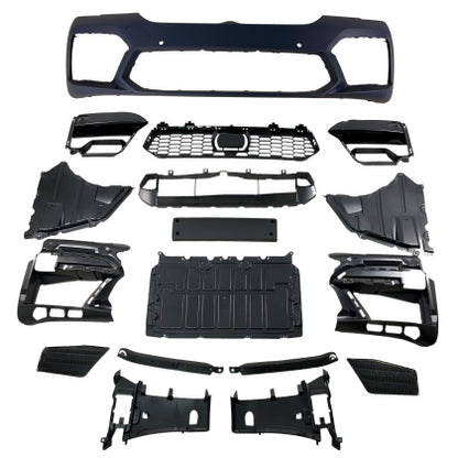 ПРЕДНА БРОНЯ ЗА BMW G30 (2020+) - М5 ДИЗАЙН С ОВТОРИ ЗА ПАРКТРОНИК И КАМЕРА ЗА КОЛИ С CRUISE CONTROL