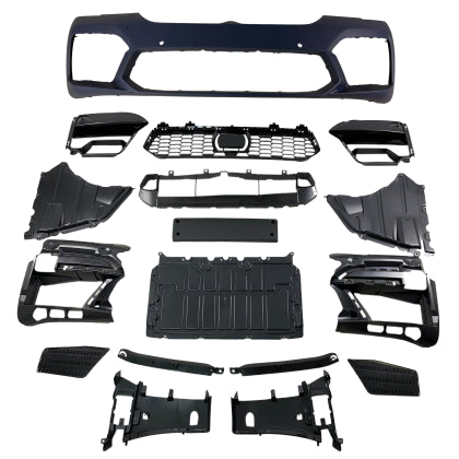 ПРЕДНА БРОНЯ ЗА BMW G30 (2020+) - М5 ДИЗАЙН С ОВТОРИ ЗА ПАРКТРОНИК И КАМЕРА ЗА КОЛИ С CRUISE CONTROL