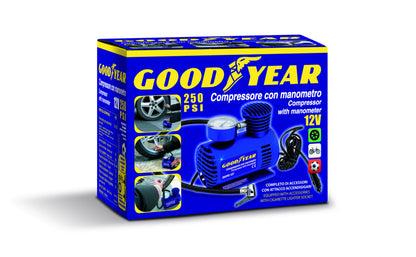 Преносим компресор за помпане на гуми с манометър + 3 накрайника STRONG 12 ATM 250PSI Goodyear Гудиър
