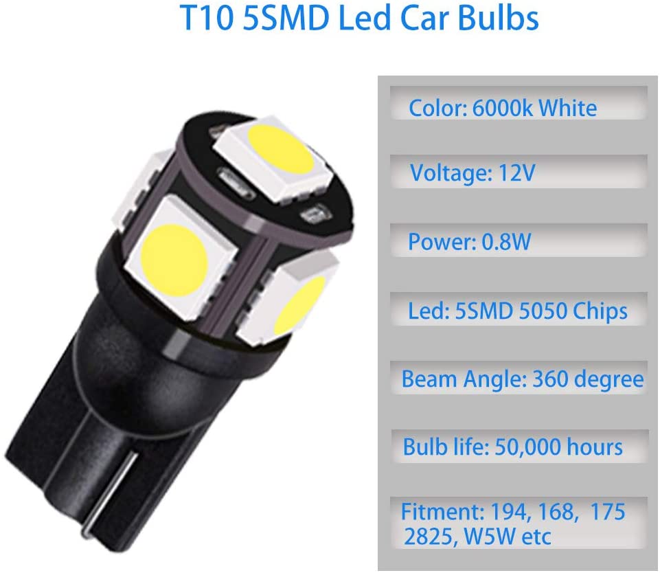 LED Лед Диодни Крушки За Габарит, Т10 W5W, 5 SMD, 12V, Бяла Светлина