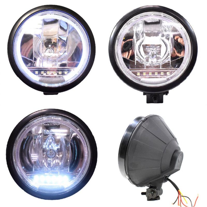Комплект 2 Броя Халоген, Фар, Ø 225мм, 12V 24V, Крушка H1 + 6 LED ЛЕД Диода, E-Mark, За Камион, Трактор, Багер, Земеделски Машини и др.