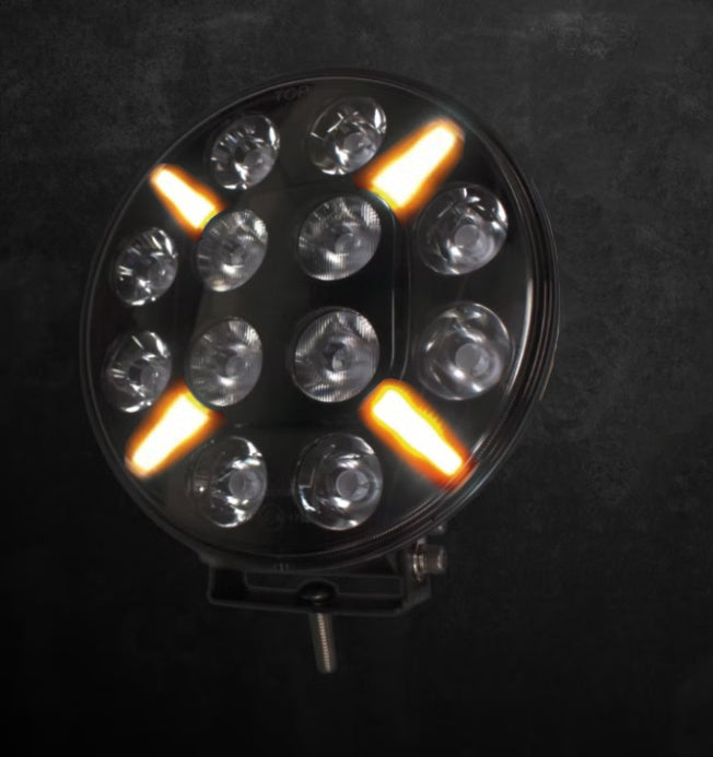LED Диоден Халоген, Dark knight , Фар, с Жълт, Оранжев Габарит, Ø 218мм, 12V 24V, 12 Диода, За Джип, Камион, Трактор, Багер, Земеделски Машини и др.