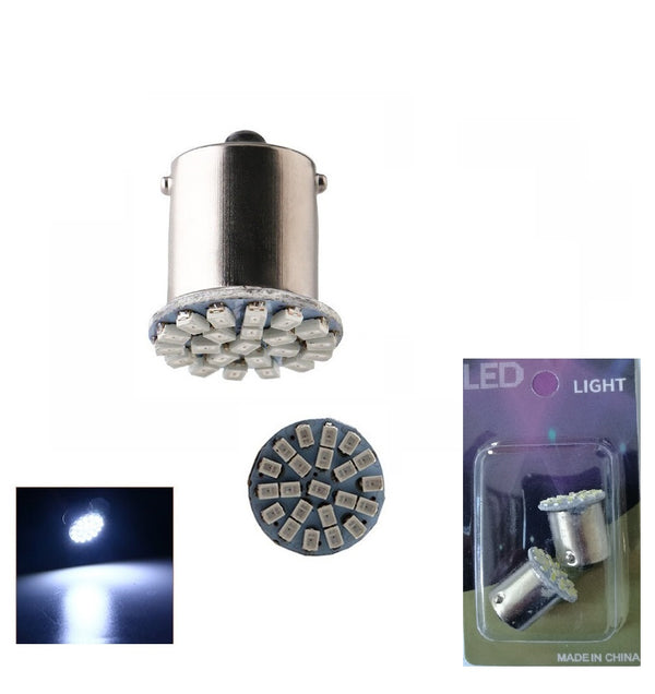 Комплект от 2 броя LED Лед Крушки, 22 SMD BA15S 1156 (PY21W) 24V Червена Светлина Срещуположни пинове (180°) с две светлини в Блистер