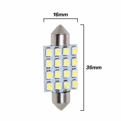Комплект от 2 броя LED Лед Диодни Крушки 16 SMD 5050 39мм 12V Бяла Светлина в блистер