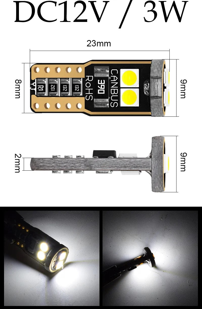 Комплект от 2 броя T10 Led крушки 6 SMD светодиода 3W Canbus 12V бяла светлина 6000K в блистер