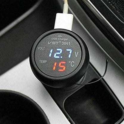 Мултифункционален дигитален уред 3 в 1 Волтметър Термометър и USB зарядно за автомобил