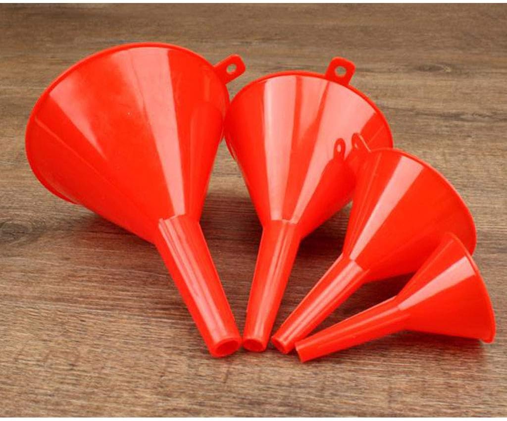 Комплект от 4 броя червени пластмасови фунии за прехвърляне на течности като гориво вода масла и др.