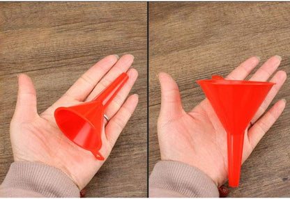 Комплект от 4 броя червени пластмасови фунии за прехвърляне на течности като гориво вода масла и др.