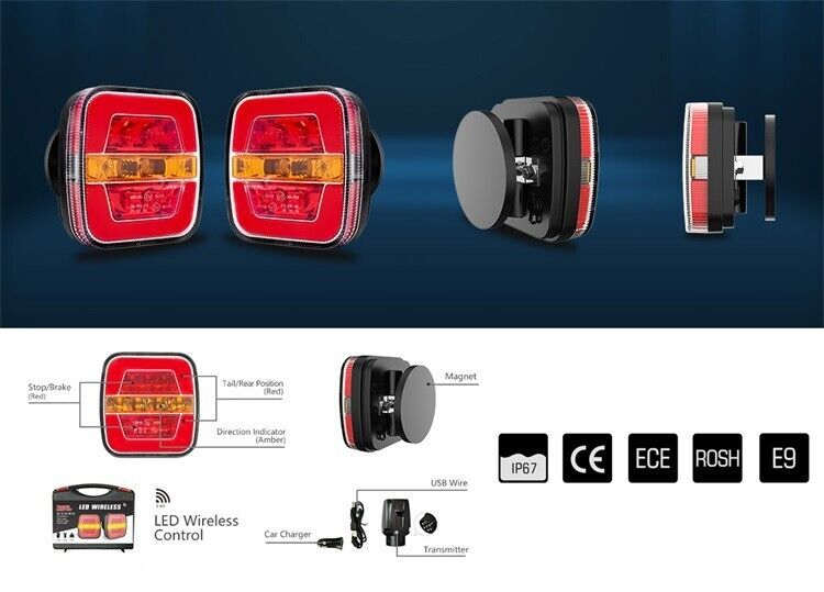 Комплект Безжични Преносими Диодни Лед Led Стопове Wireless с Магнит Неон Neon Ефект 12-24V 108mm х 102mm x 46mm E9 за Ремарке Каравана Платформа и др.