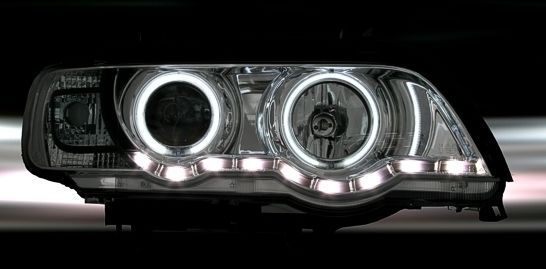 Кристални фарове с дневни светлини и ангелски очи за BMW X5  (1999-2003) - черни