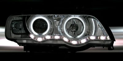 Кристални фарове с дневни светлини и ангелски очи за BMW X5  (99-03) - черни
