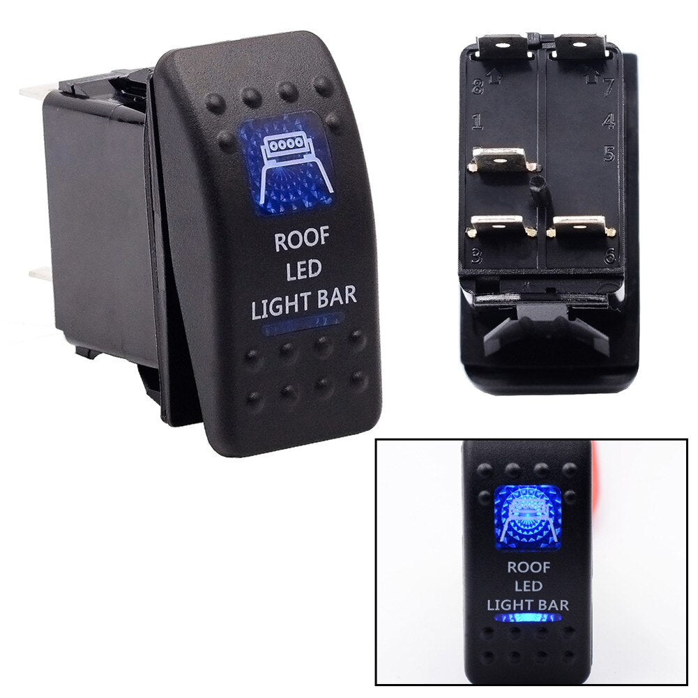 Копче, Бутон, За Вграждане, за LED Лед Бар, Халоген, Светлини, 12V - 24V, Надпис  ROOF LED LIGHT BAR , Синя Светлина