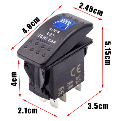 Копче, Бутон, За Вграждане, за LED Лед Бар, Халоген, Светлини, 12V - 24V, Надпис  ROOF LED LIGHT BAR , Синя Светлина